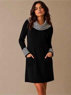 jessica howard sweater dress Knit 3/4 Sleeve Turtleneck Black Gray Striped Sz PL Full Coverage Jessica Howard Women's Long Sleeve